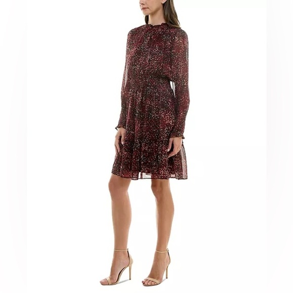 TAYLOR Black Maroon Print Long Sleeve Chiffon Smocked Waist Mini Dress Size 8 - Picture 3 of 10